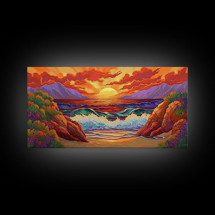 Sunset Waves, Rocks, Framed Canvas Print, Vibrant ocean sunset, crashing waves cliffs painting, Coastal Decor, Beach House Wall Art
