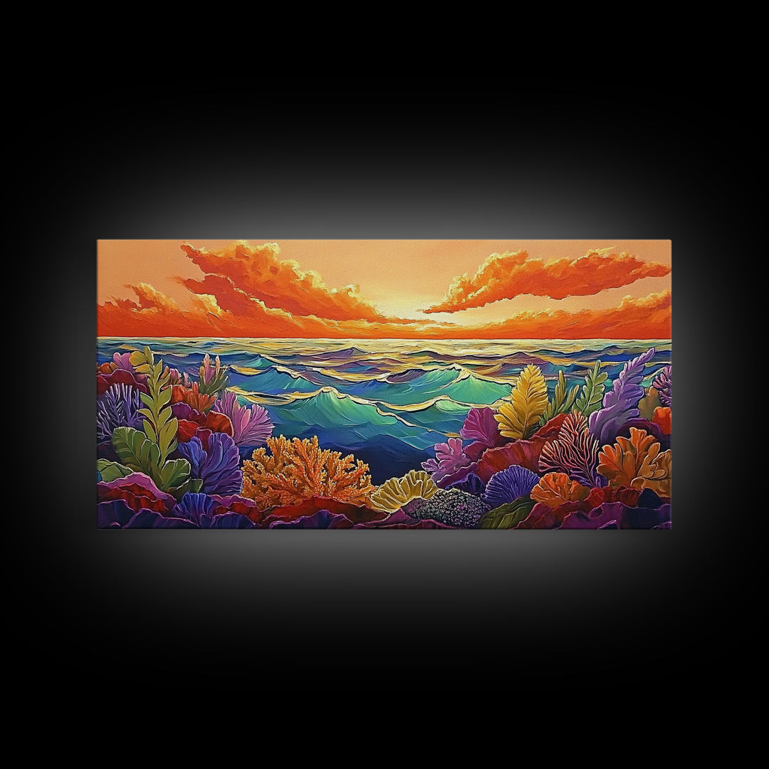 Coral Ocean, Sunset, Framed Canvas Print, Underwater coral reef at sunset painting, Ocean lover gift idea, Coastal Spa Wall Art