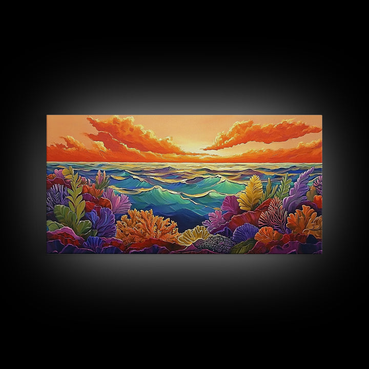Coral Ocean, Sunset, Framed Canvas Print, Underwater coral reef at sunset painting, Ocean lover gift idea, Coastal Spa Wall Art