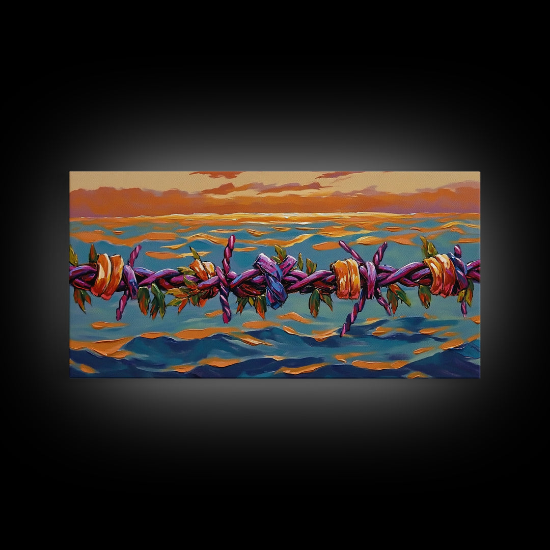 Barbed Sunset, Ocean, Framed Canvas Print, Symbolic Ocean Barbed Wire Art, Modern Sunset Expressionist Decor, Unique Office Wall Art