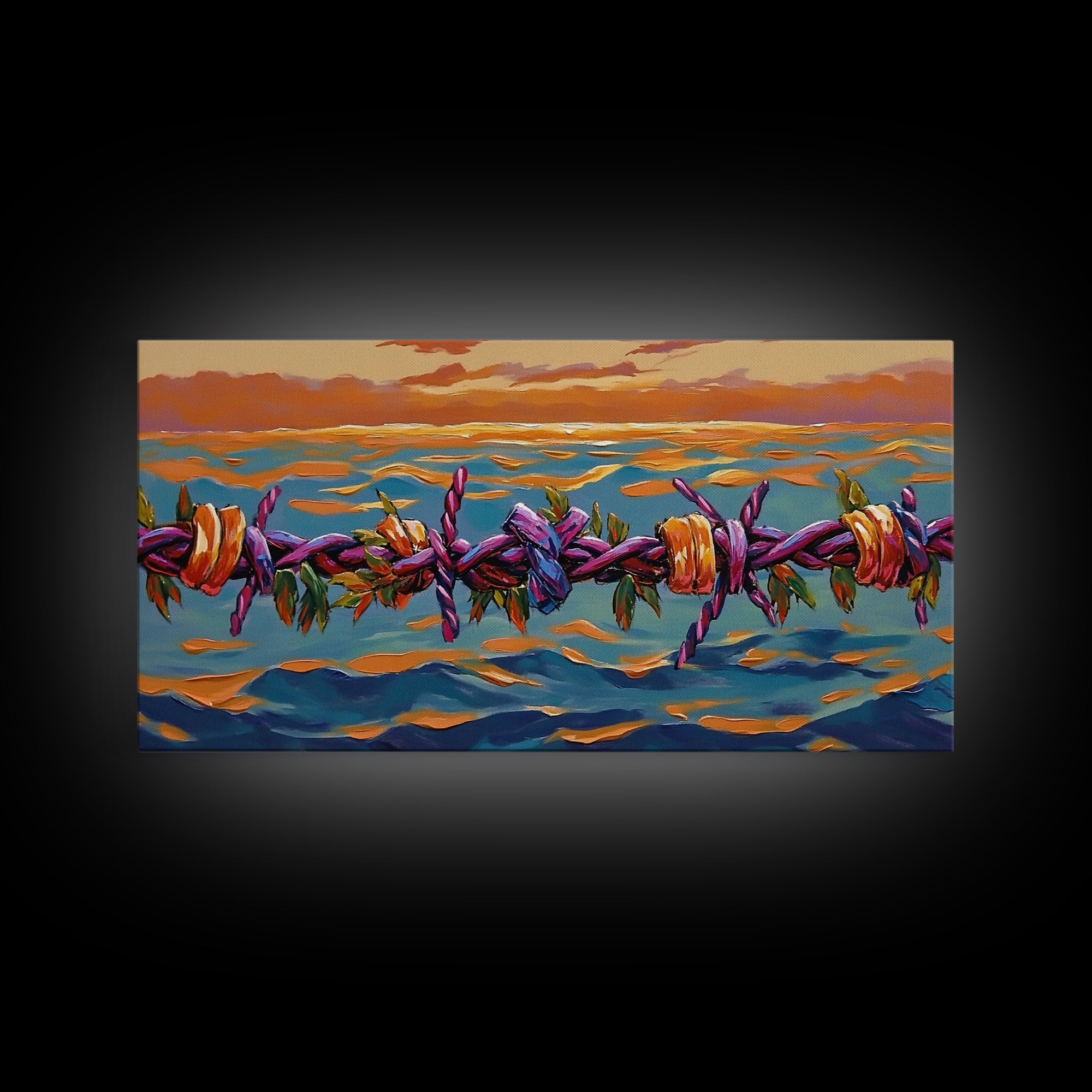 Barbed Sunset, Ocean, Framed Canvas Print, Symbolic Ocean Barbed Wire Art, Modern Sunset Expressionist Decor, Unique Office Wall Art