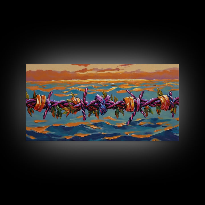 Barbed Sunset, Ocean, Framed Canvas Print, Symbolic Ocean Barbed Wire Art, Modern Sunset Expressionist Decor, Unique Office Wall Art