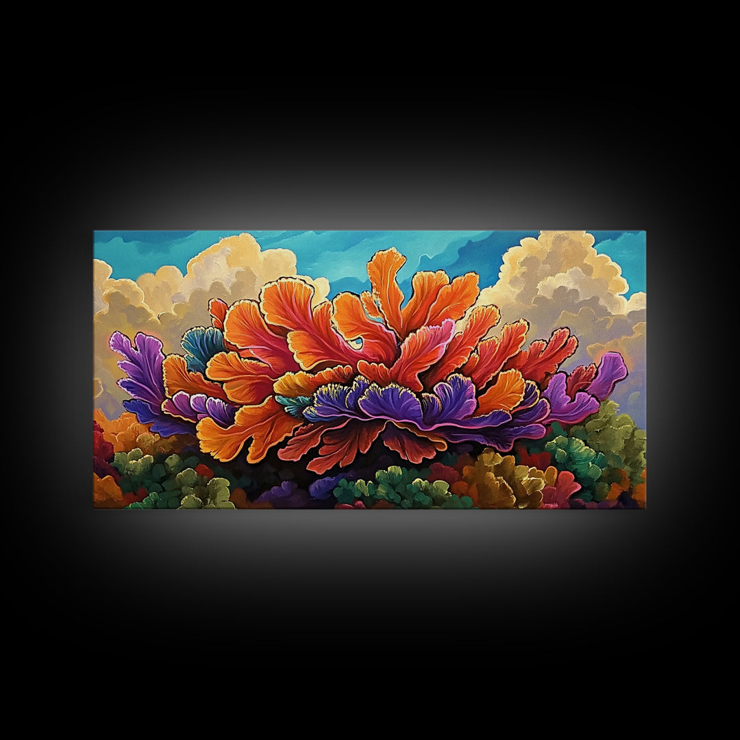 Coral Bloom, Ocean, Framed Canvas Print, Abstract blooming coral reef under dreamy sky painting, Modern Coastal Decor, Bedroom Wall Art
