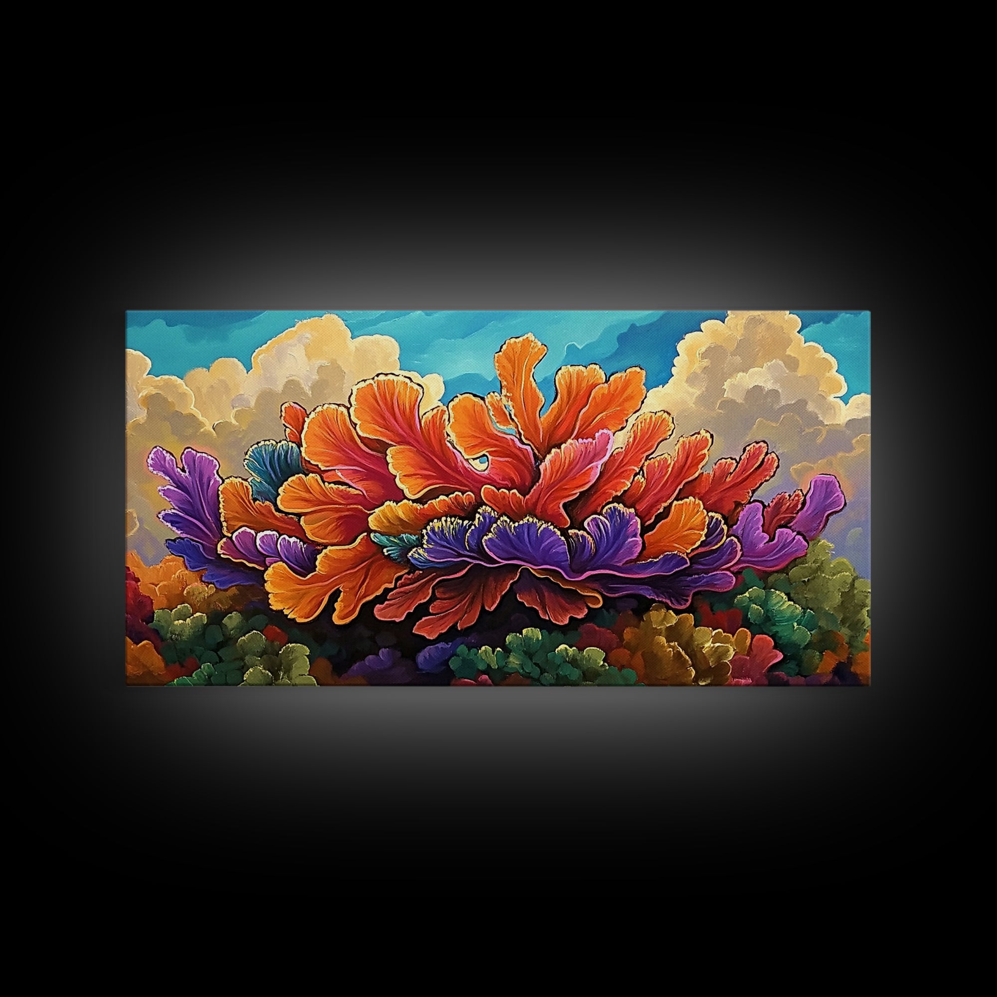 Coral Bloom, Ocean, Framed Canvas Print, Abstract blooming coral reef under dreamy sky painting, Modern Coastal Decor, Bedroom Wall Art