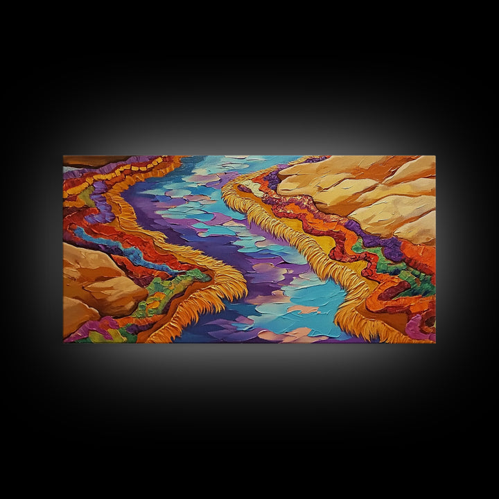 River Abstract, Color, Framed Canvas Print, Textured abstract river canyon painting, Desert Vibe Landscape Art, Hallway Wall Art