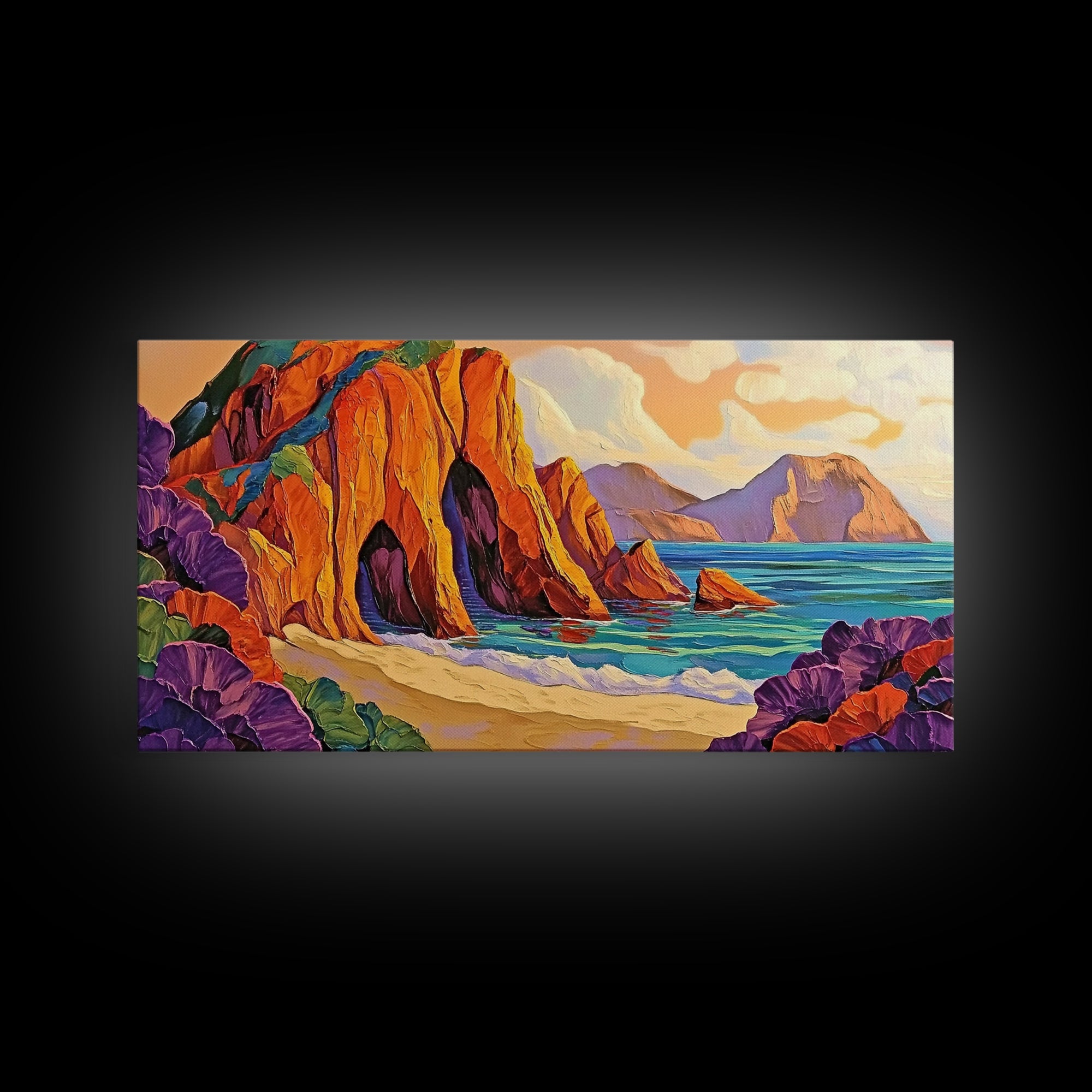 Cliffs Beach, Ocean, Framed Canvas Print, Bold textured coastal cliffs and ocean view painting, Vibrant Summer Decor, Kitchen Wall Art