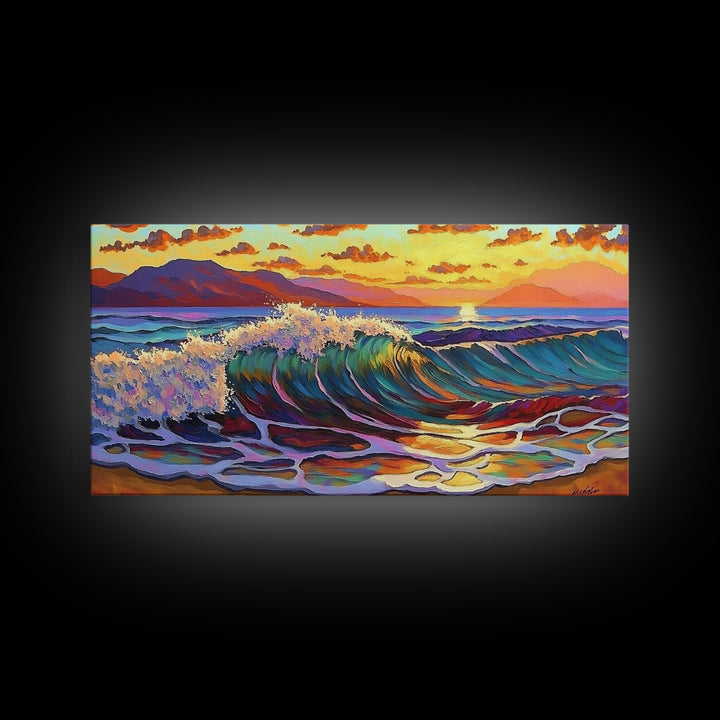 Waves Surf, Sunset, Framed Canvas Print, Colorful crashing wave with glowing sunset sky, Coastal Surfer Decor, Beach House Wall Art