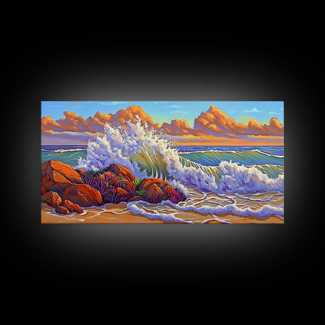 Rocks Waves, Sky, Framed Canvas Print, Majestic ocean wave crashing on rocks under golden clouds, Tropical Seascape, Coastal Living Room