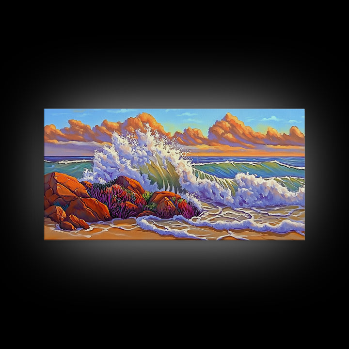 Rocks Waves, Sky, Framed Canvas Print, Majestic ocean wave crashing on rocks under golden clouds, Tropical Seascape, Coastal Living Room