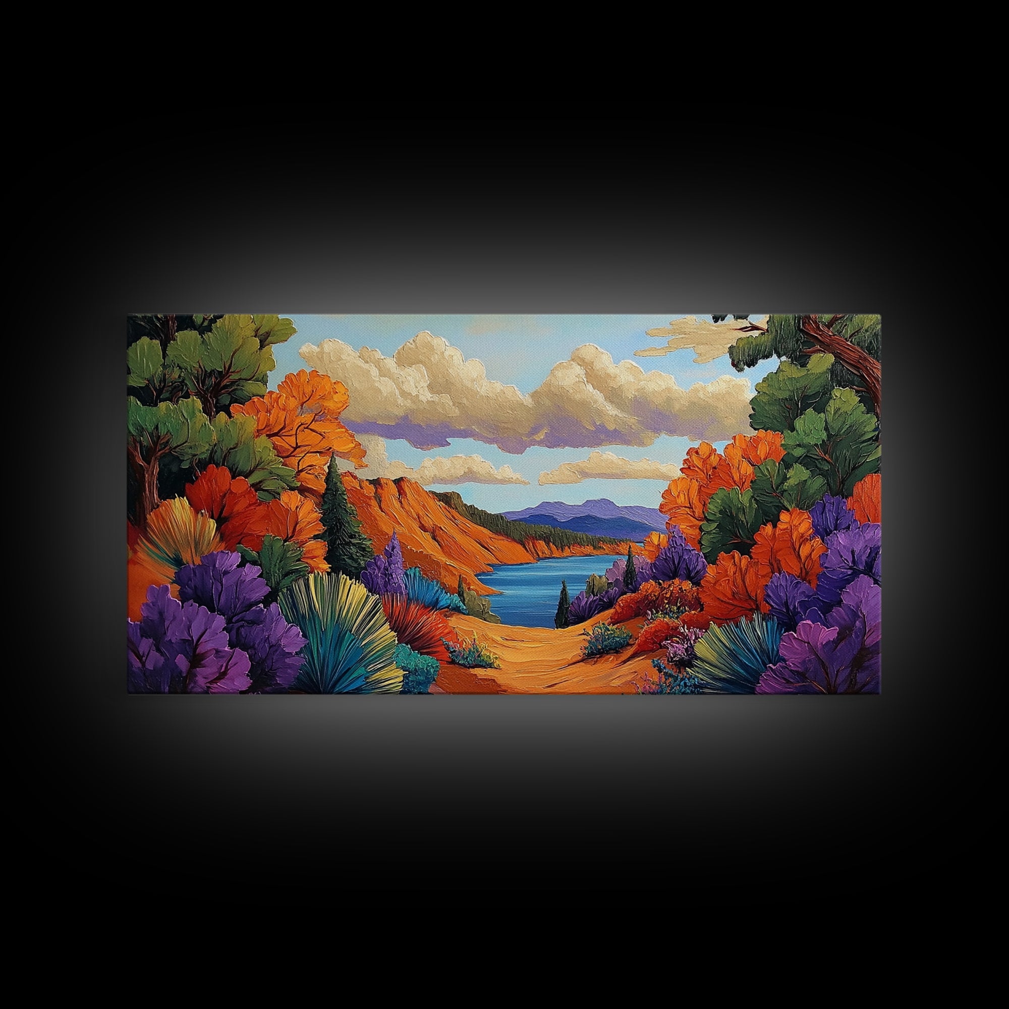 Autumn Lake, Path, Framed Canvas Print, Vibrant Fall forest trail leading to lake painting, Cozy Cabin Decor, Autumn Entryway Art