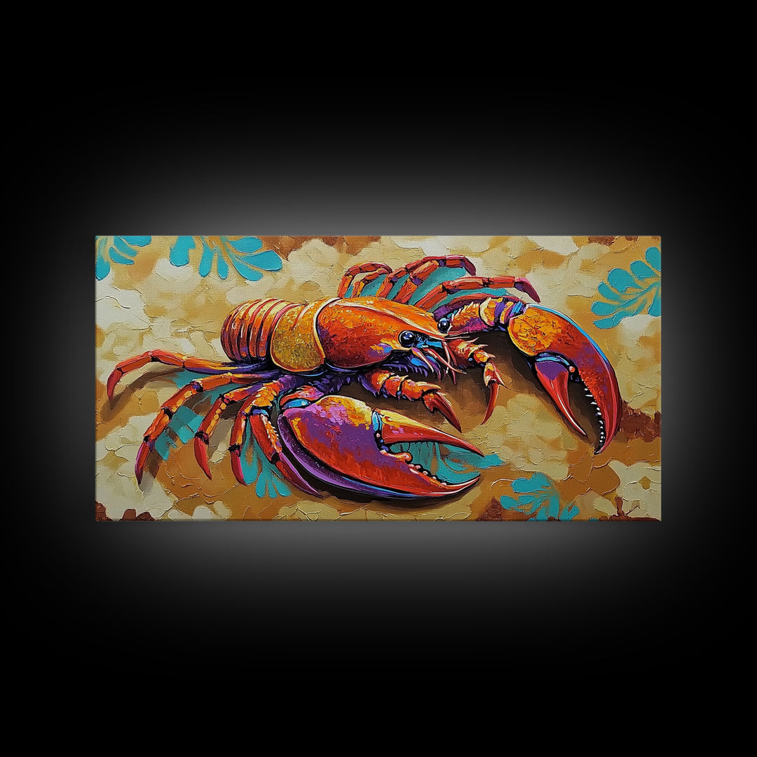 Lobster Coastal, Bold, Framed Canvas Print, Vibrant abstract lobster on sandy background, Nautical Kitchen Decor, Bold Coastal Wall Art
