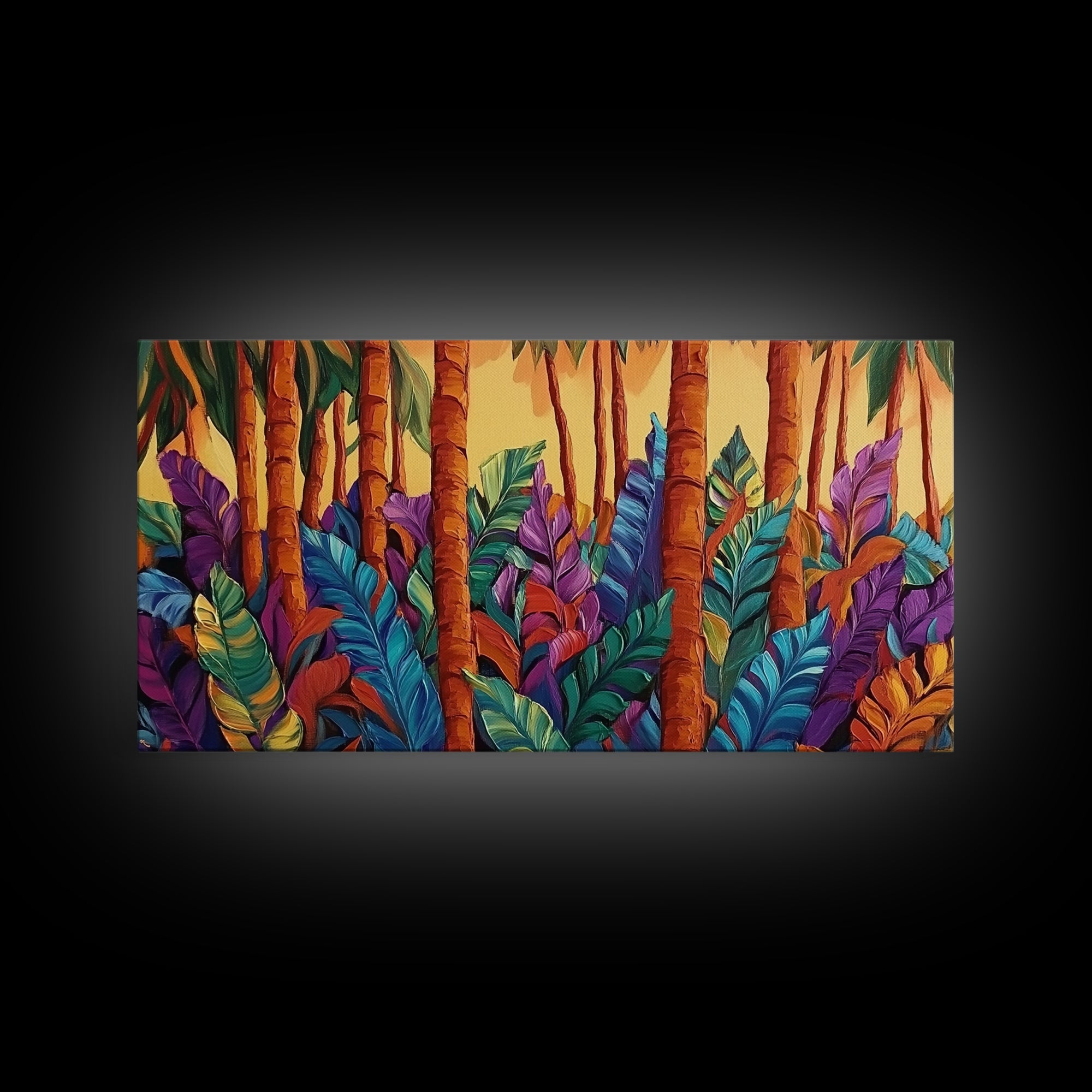 Jungle Leaves, Palms, Tropical, Framed Canvas Print, vibrant rainforest botanical wall art, boho plant decor, entryway art