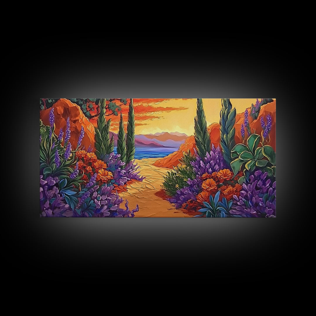 Pathway Sunset, Garden, Ocean, Canvas Print, vivid coastal floral scene, entryway decor, sunset wall art, summer vibes painting