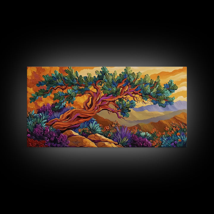 Tree Mountains, Sunset, Windswept, Canvas Print, expressive twisted pine painting, rustic boho decor, nature art, fall wall piece