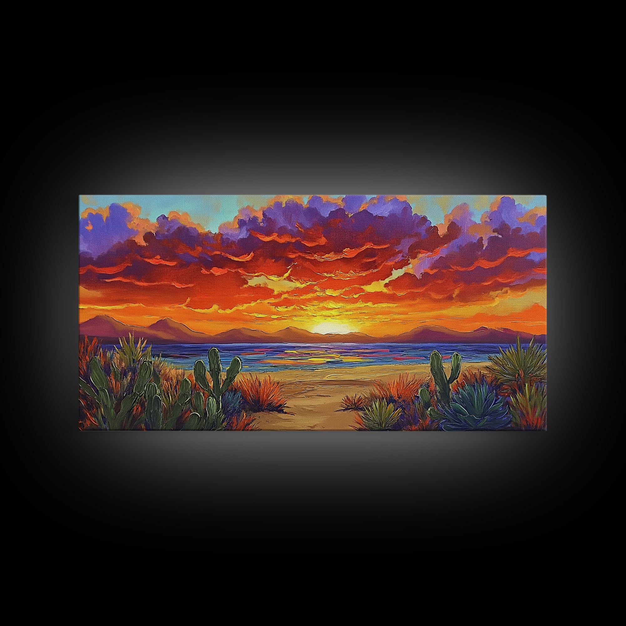 Sunset Beach, Desert, Cactus, Framed Canvas Print, vivid sunset desert beach scene, boho coastal decor, southwestern wall art