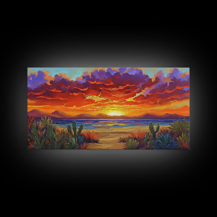 Sunset Beach, Desert, Cactus, Framed Canvas Print, vivid sunset desert beach scene, boho coastal decor, southwestern wall art