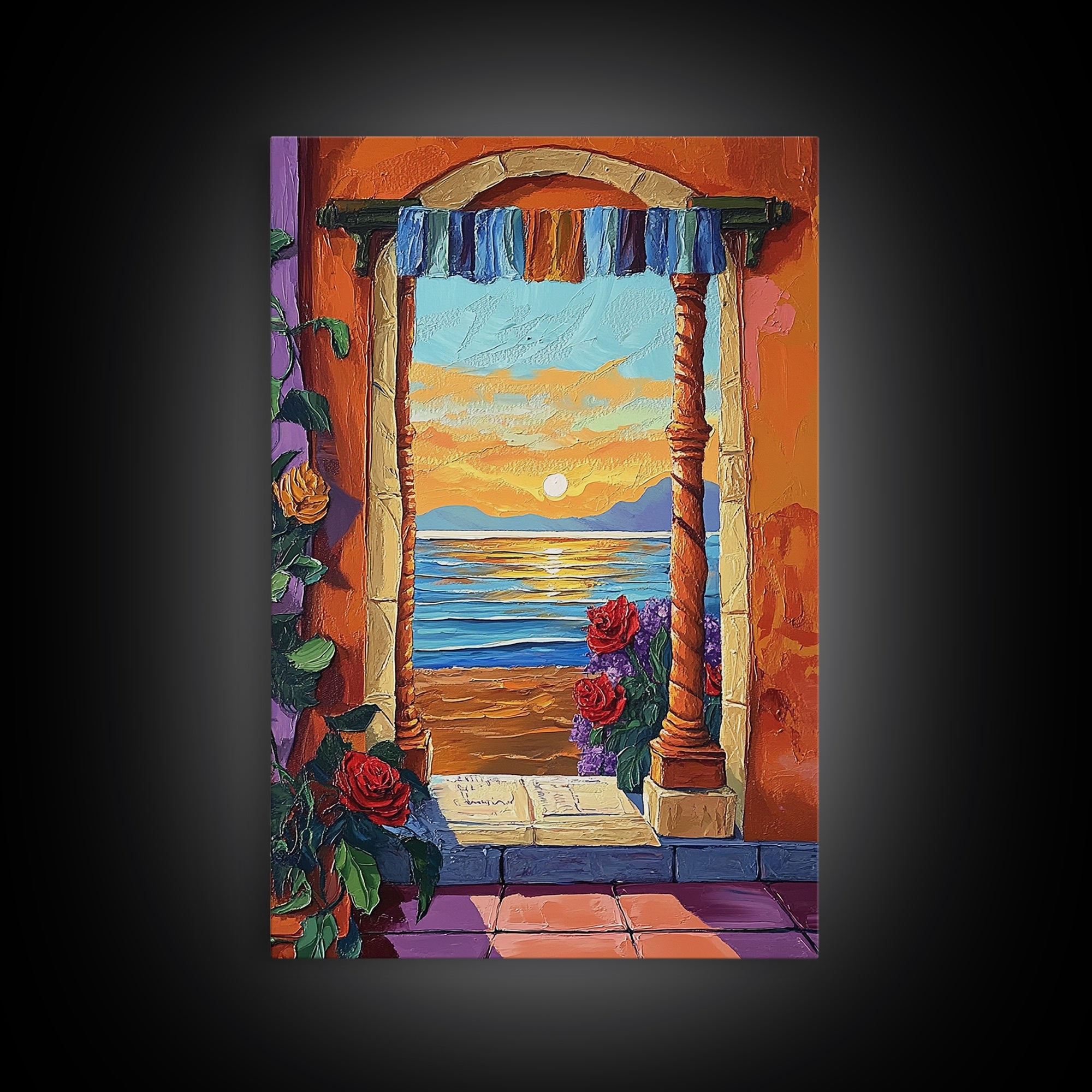 Doorway Sunset, Ocean, Romance, Canvas Print, Mediterranean seascape art, boho romantic wall decor, warm tones, Bedroom or Dining Room