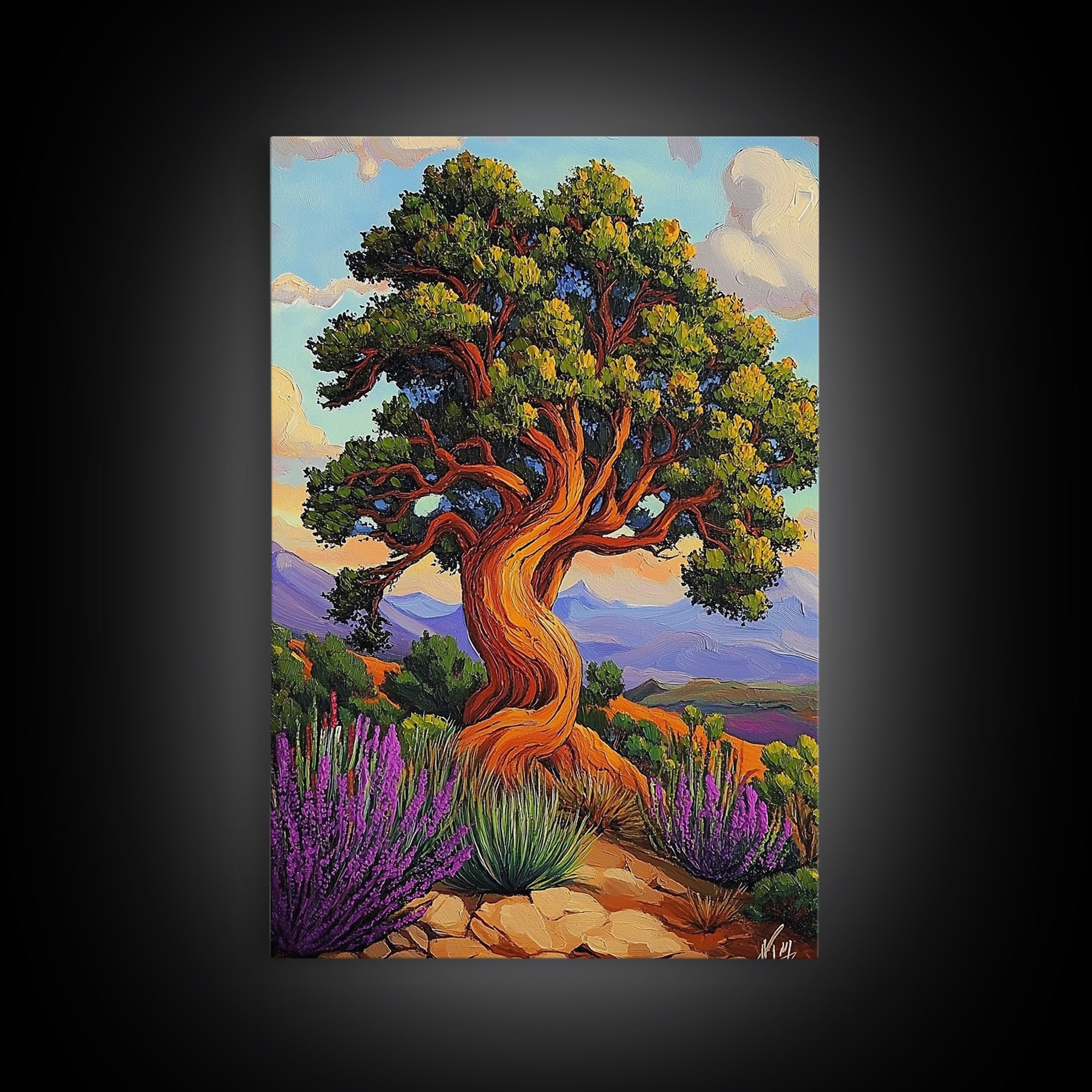 Tree Landscape, Nature, Autumn, Framed Canvas Print twisted pine tree painting, desert sunset landscape, nature wall decor, rustic boho art