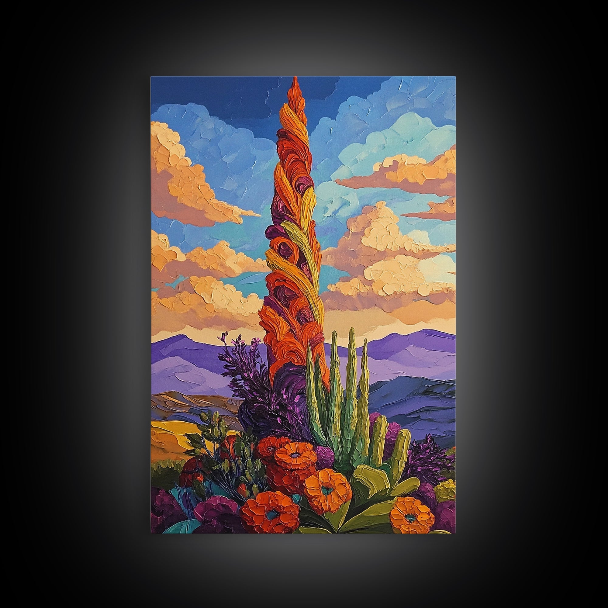 Cactus Bloom, Sunset, Desert, Canvas Print southwest desert flower art, blooming cactus painting, bright desert landscape, office decor