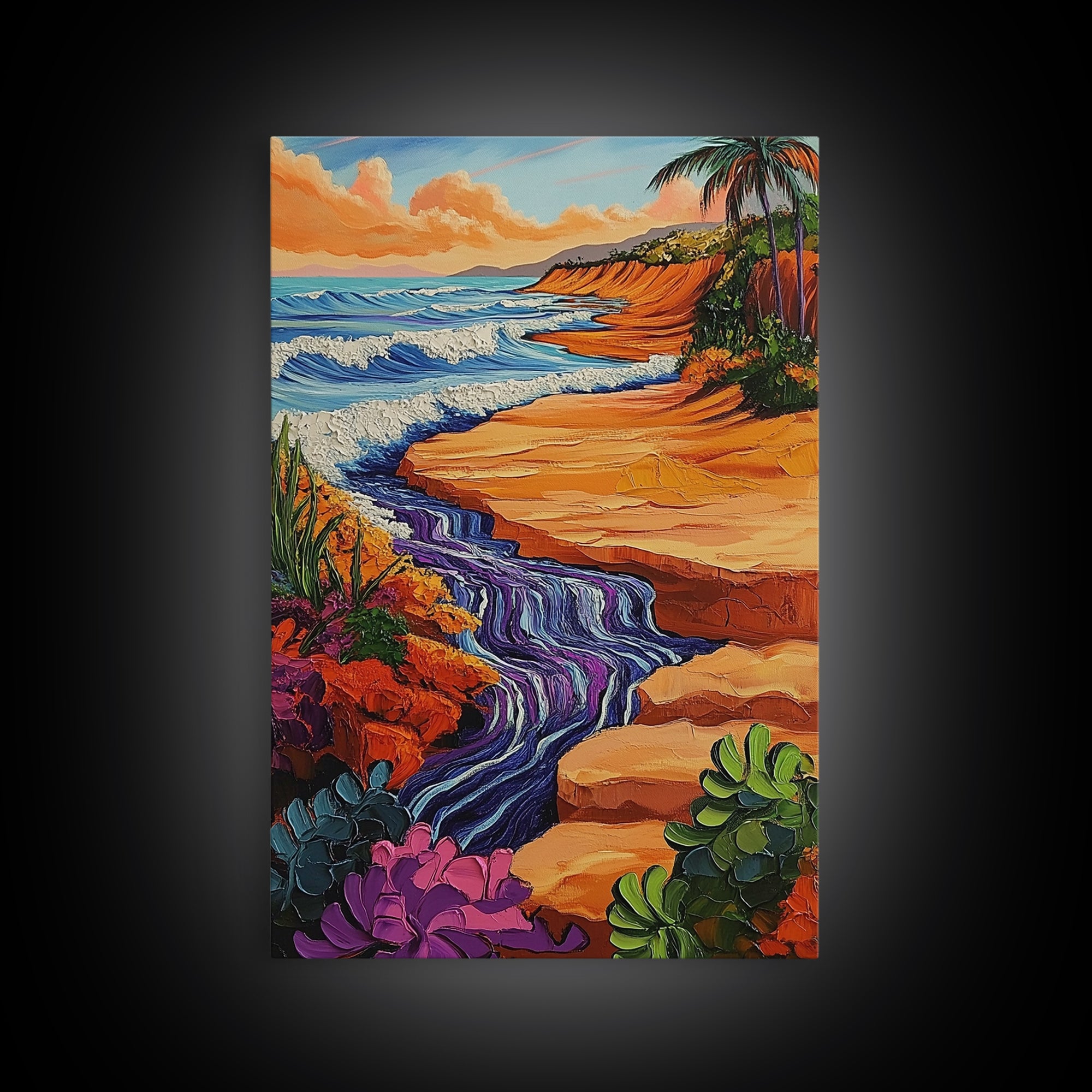 Beach Cliff, Waterfall, Sunset, Canvas Print bold beachside cliff art, ocean waterfall wall decor, coastal boho painting, living room print
