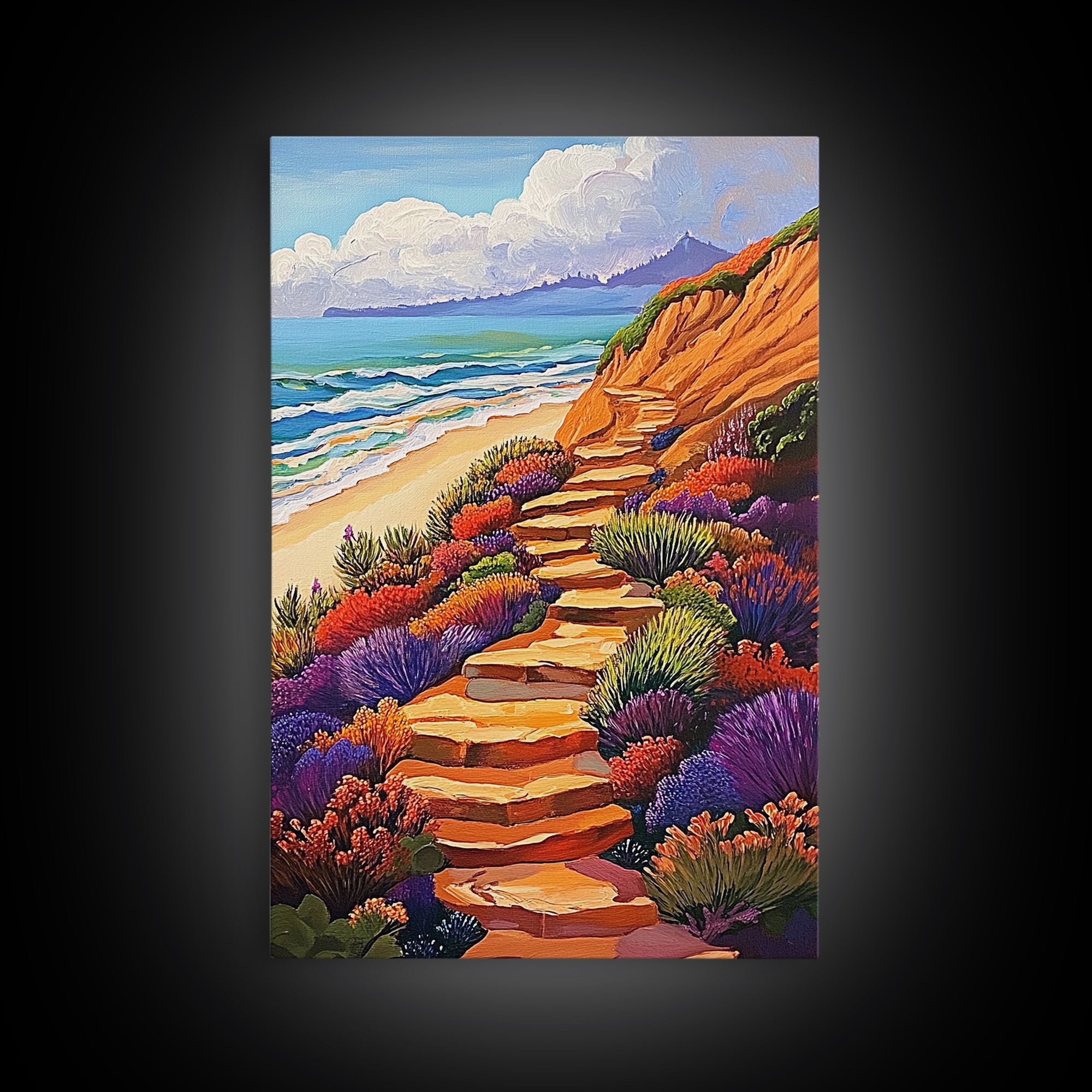 Ocean Trail, Bloom, Cliffside, Framed Canvas Print, Vibrant beach path painting, floral coastal art, boho landscape wall décor
