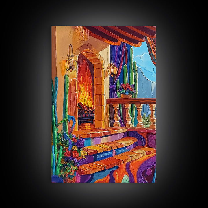 Cozy Hacienda, Fireplace, Terrace, Canvas Print, Southwestern Wall Art, Warm Interior Scene, Kitchen or Dining Room Boho Decor