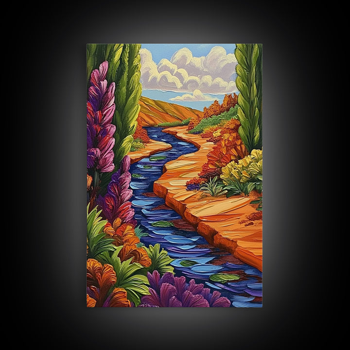 River Canyon, Fall, Flowers, Framed Canvas Print, Autumn Nature Artwork, Cozy Cabin Decor, Warm Earth Tones, Living Room Wall Art