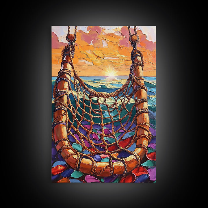 Ocean Hammock, Sunset, Boho, Framed Canvas Print dreamy hammock wall art, ocean sunset boho painting, coastal beach decor, patio art