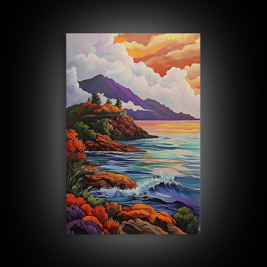 Cliffs Waves, Mountains, Autumn, Framed Canvas Print, coastal cliffs wall art, crashing waves painting, Autumn landscape, living room decor