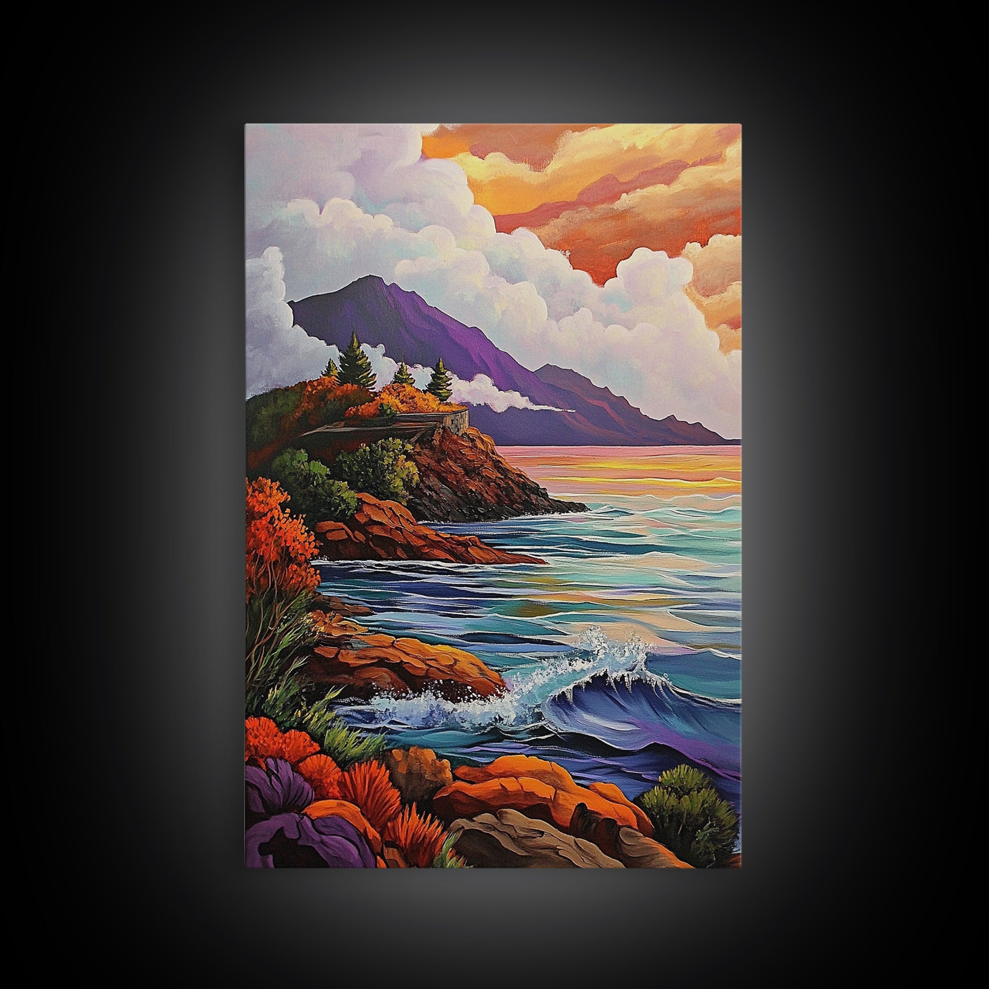 Cliffs Waves, Mountains, Autumn, Framed Canvas Print, coastal cliffs wall art, crashing waves painting, Autumn landscape, living room decor