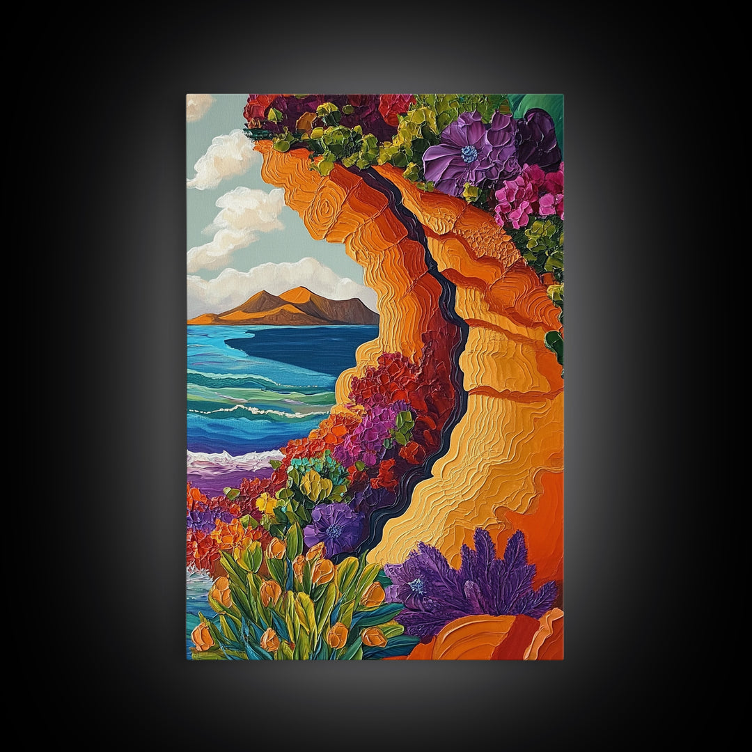 Cliffside Flowers, Ocean, Landscape, Framed Canvas Print floral coastal wall art, textured seaside painting, beach house decor, boho art style
