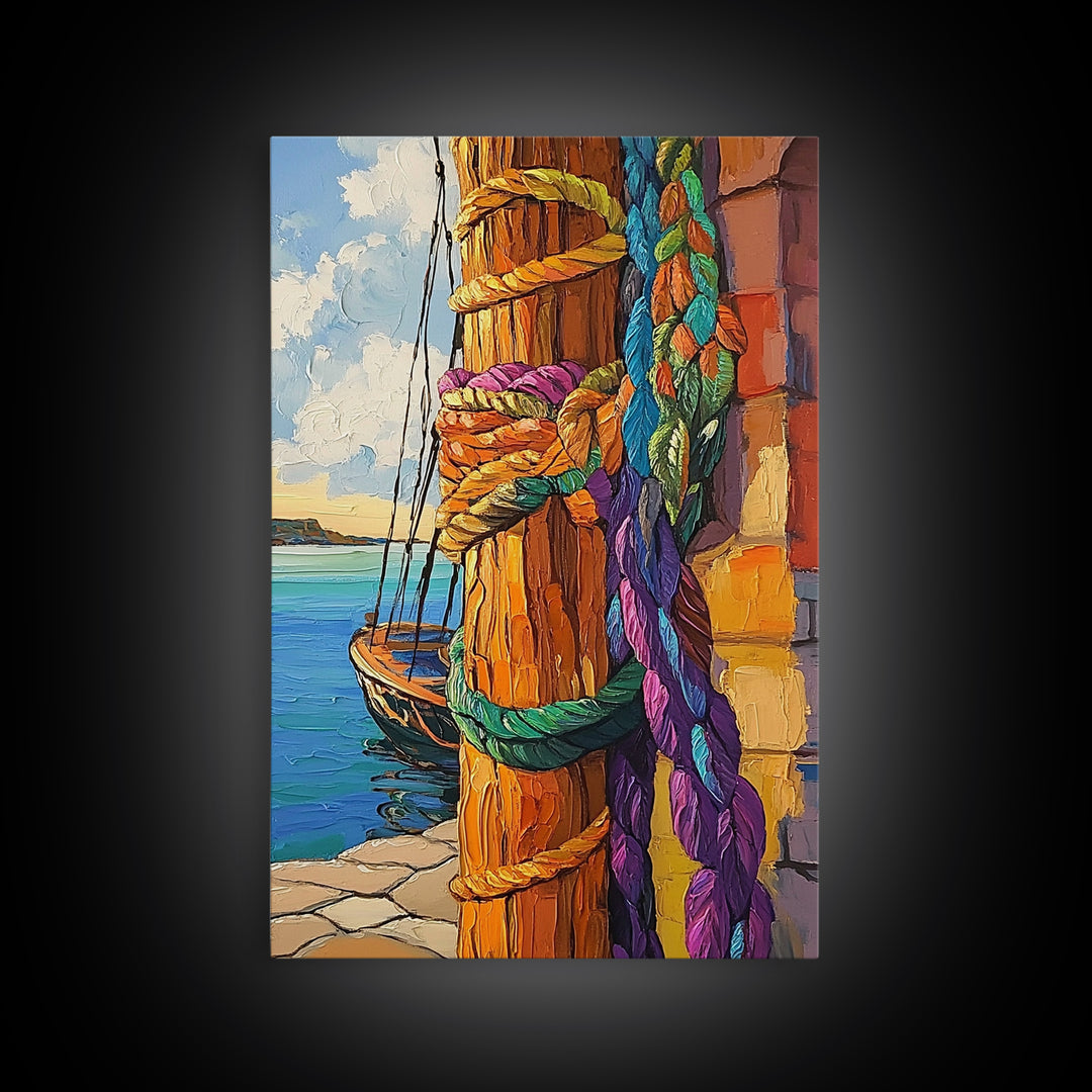 Boat Dock, Ropes, Framed Canvas Print, Nautical Coastal Wall Art, Vibrant Marina Scene, Boho Seaside Decor, Bathroom art, Office Wall Art