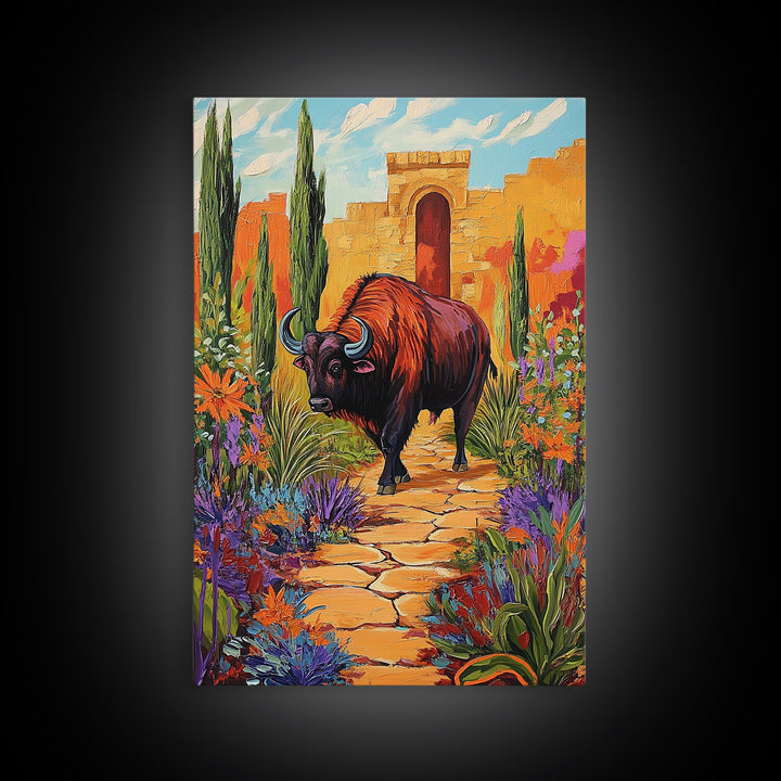 Bison Path, Desert, Framed Canvas Print, Southwest Bull Wall Art, Rustic Western Decor, Vibrant Nature Boho Style, Entryway Wall Art