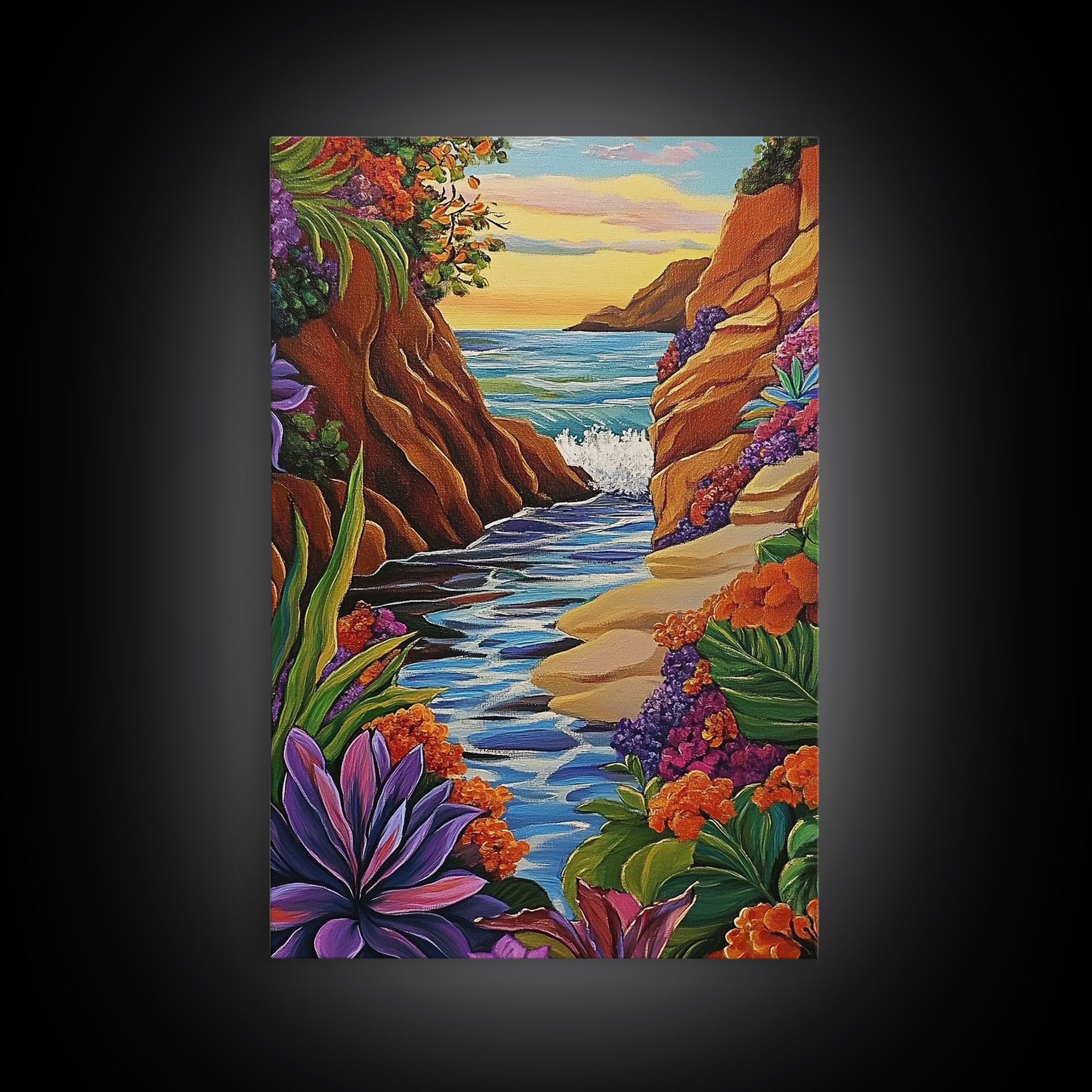 Cliff Ocean, Sunset, Framed Canvas Print, Bold Coastal Canyon Wall Art, Vibrant Nature Decor, Boho Landscape Style, Bedroom Wall Art