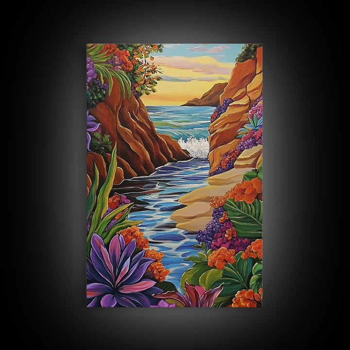 Cliff Ocean, Sunset, Framed Canvas Print, Bold Coastal Canyon Wall Art, Vibrant Nature Decor, Boho Landscape Style, Bedroom Wall Art