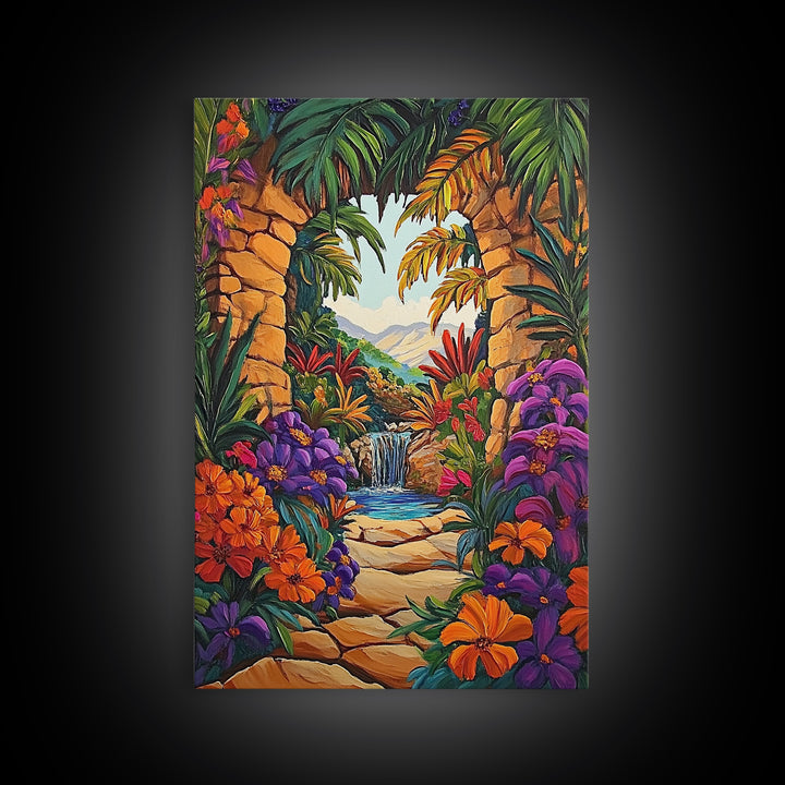 Archway Jungle, Waterfall, Framed Canvas Print, Exotic Tropical Wall Art, Bold Jungle Landscape Decor, Entryway art, Bathroom Wall Art