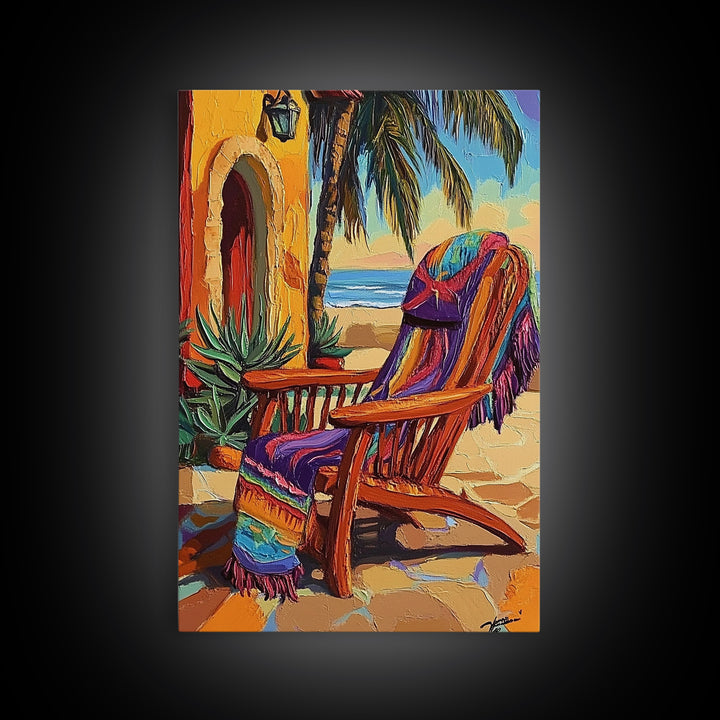 Chair Blanket, Breeze, Shore, Canvas Print, beach chair art, coastal boho decor, sunny retreat wall art, tropical relaxation, porch vibes