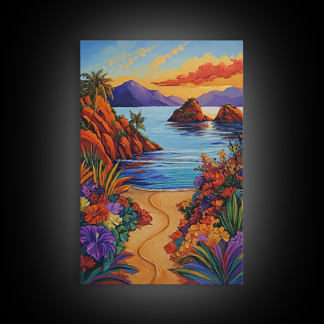 Beach, Sunset, Tropical, Floral Framed Canvas Print, Coastal Living Room Wall Art, Island Paradise Decor, Vibrant Summer Artwork