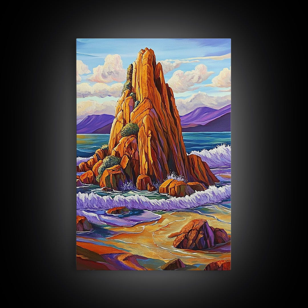 Ocean Cliff, Coastal, Bold Framed Canvas Print, Nature Inspired Bathroom Wall Art, Seaside Landscape Decor, Vibrant Rocky Shoreline