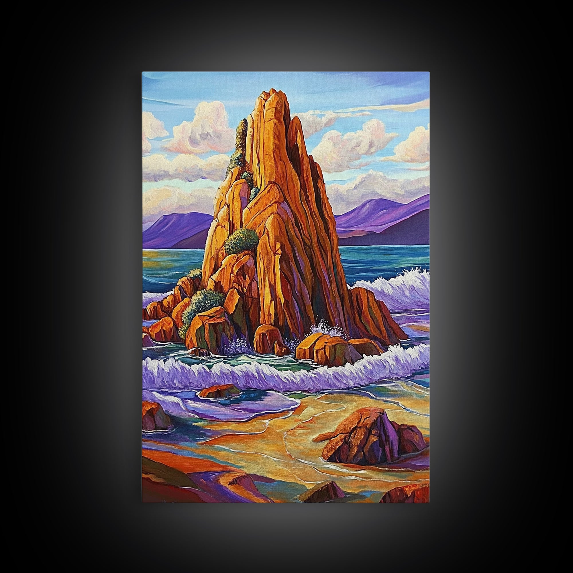 Ocean Cliff, Coastal, Bold Framed Canvas Print, Nature Inspired Bathroom Wall Art, Seaside Landscape Decor, Vibrant Rocky Shoreline