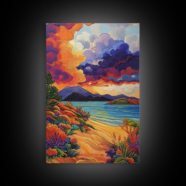 Clouds Sunset, Beach, Scenic Canvas Print, Colorful Coastal Wall Art, Vibrant Nature Landscape, Fall Living Room Art Piece