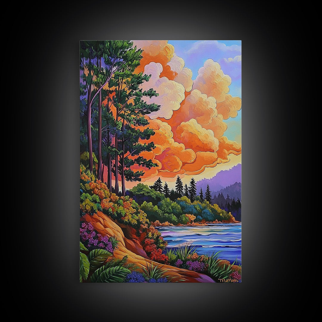 Pine Forest, Sunset, River, Framed Canvas Print, vibrant mountain art, autumn wall decor, cozy cabin wall art, rustic lodge artwork