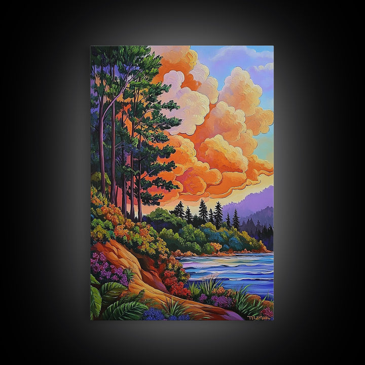 Pine Forest, Sunset, River, Framed Canvas Print, vibrant mountain art, autumn wall decor, cozy cabin wall art, rustic lodge artwork