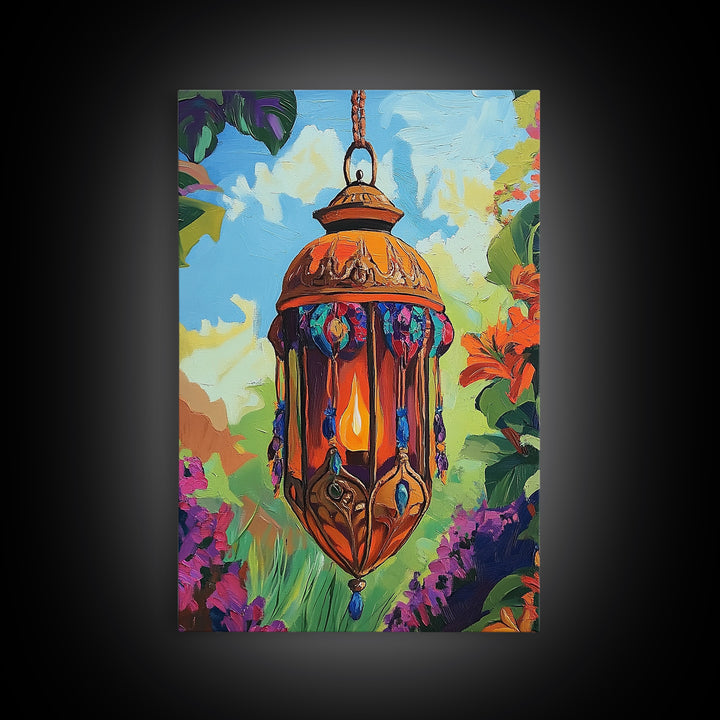 Boho Lantern, Glow, Garden, Framed Canvas Print, Moroccan Lantern Art, Boho Wall Decor, Eclectic Lighting Artwork, Patio Living Room Art