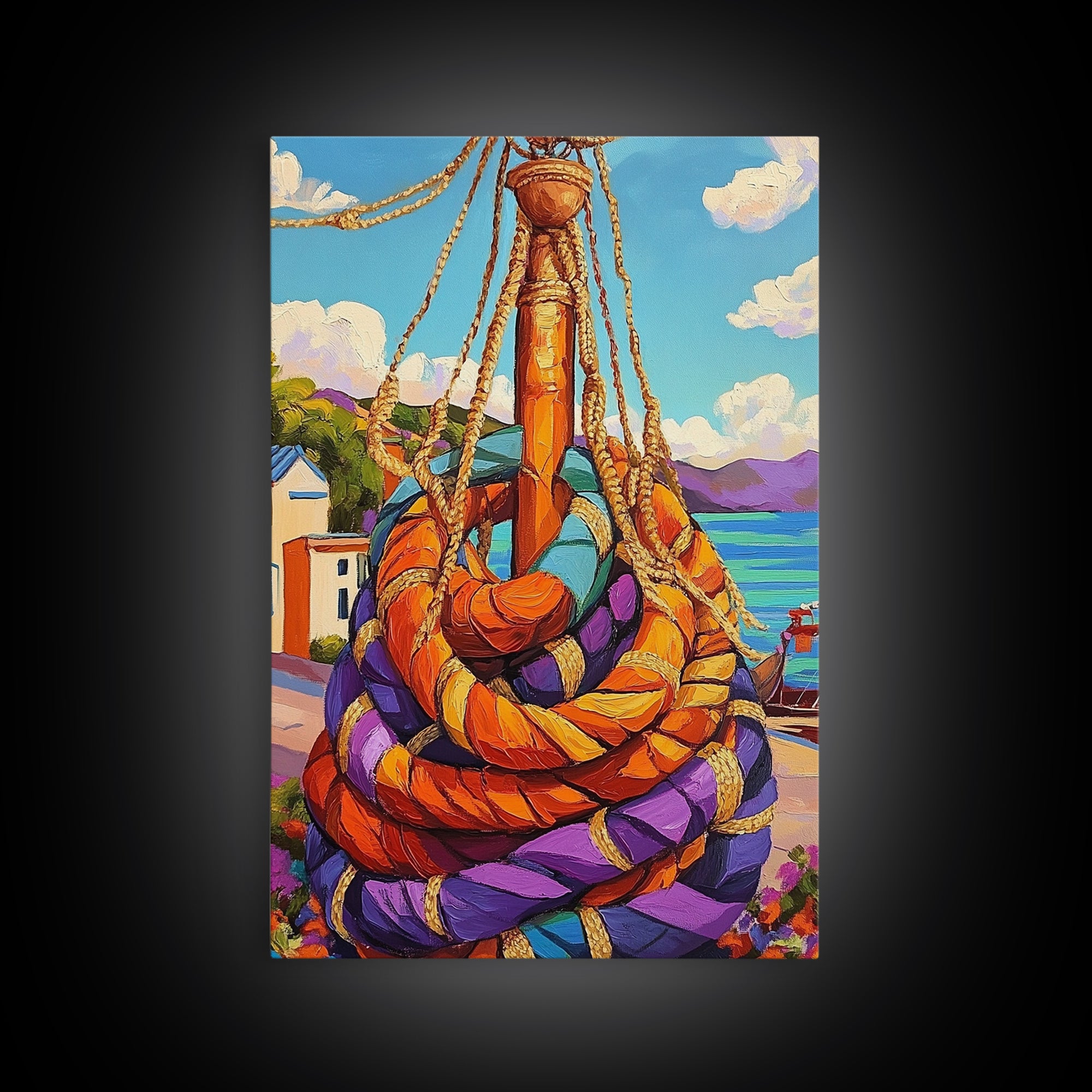 Nautical Rope, Dock, Summer, Framed Canvas Print, Nautical Rope Wall Art, Summer Decor, Bright Harbor Painting, Beach House Wall Accent