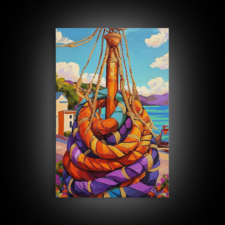 Nautical Rope, Dock, Summer, Framed Canvas Print, Nautical Rope Wall Art, Summer Decor, Bright Harbor Painting, Beach House Wall Accent