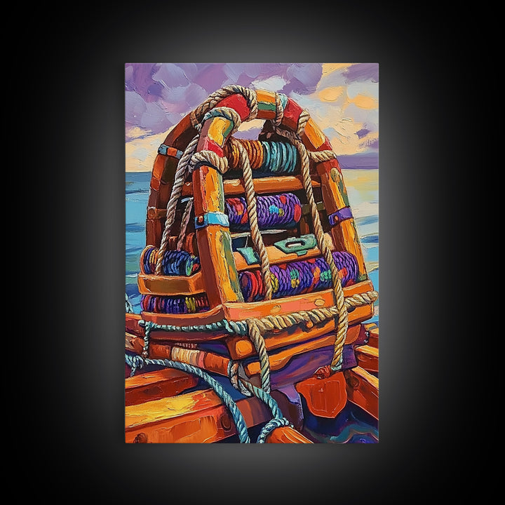 Rope Dock Sunset, Nautical, Framed Canvas Print, Nautical Rope Dockside Art, Sunset Painting, Coastal Seaside Wall Decor, Living Room Decor