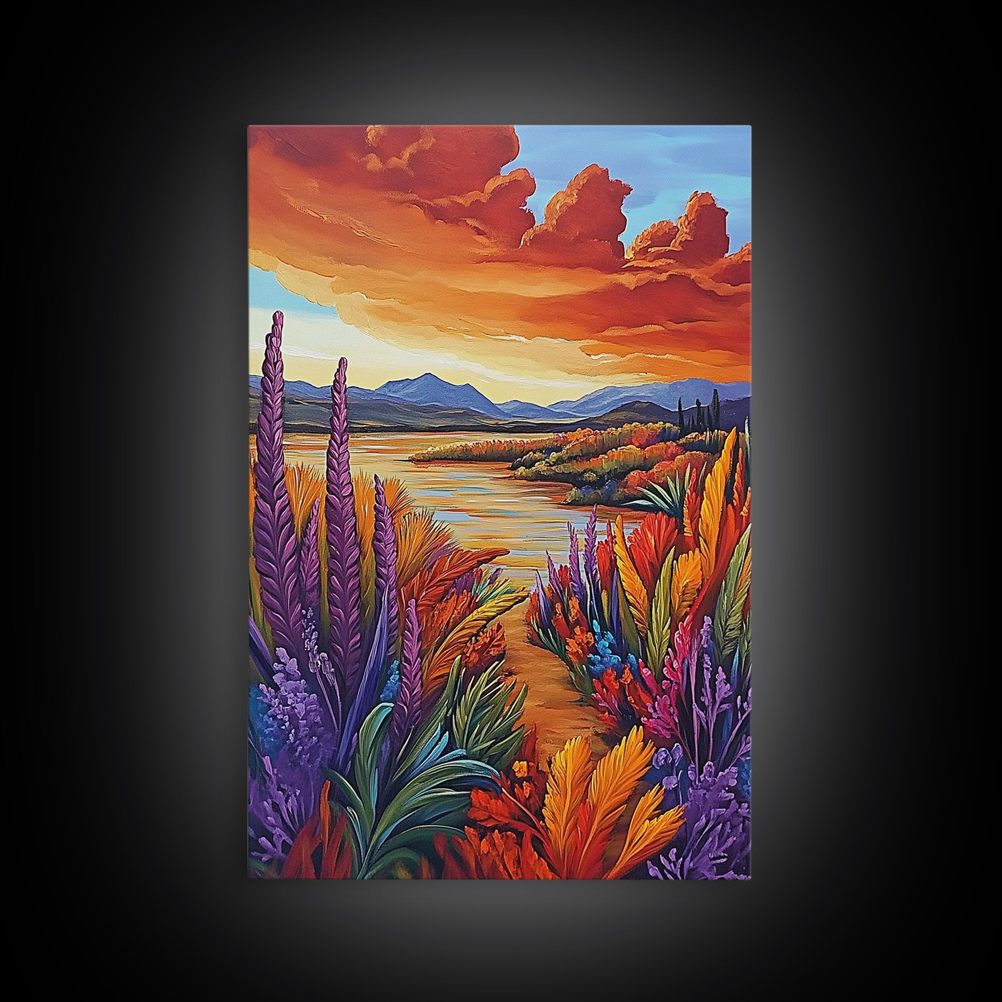 Autumn Lake, Trail, Fall Landscape Painting, Warm Sunset Wall Decor, Living Room Boho Vibes, Framed Canvas Print