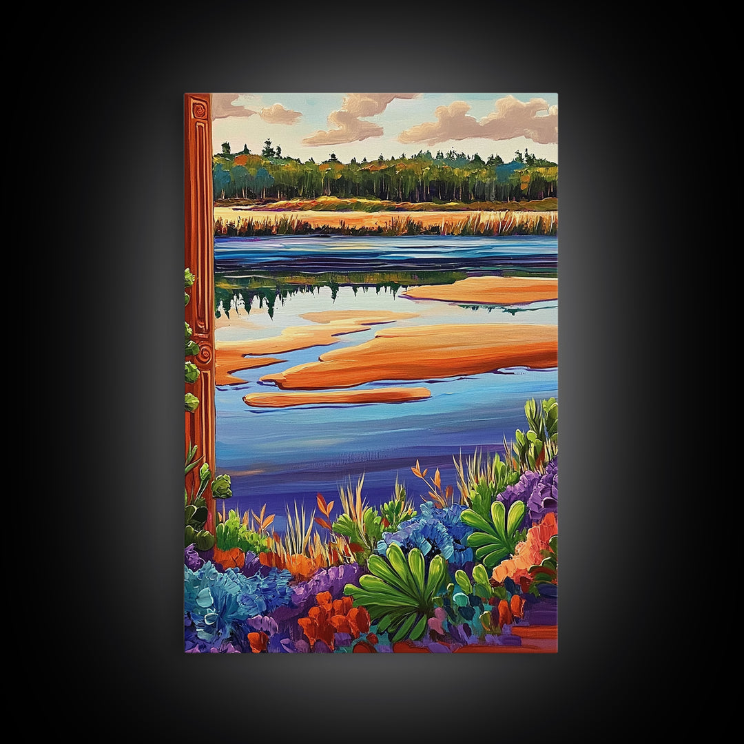 River Marsh, Reflection, Nature Landscape Canvas Print, Peaceful Lake Wall Art, Dining Room Decor, Tranquil Scenic Artwork