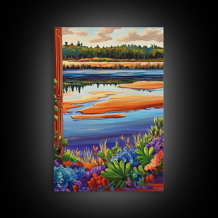 River Marsh, Reflection, Nature Landscape Canvas Print, Peaceful Lake Wall Art, Dining Room Decor, Tranquil Scenic Artwork